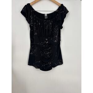 Studio 1940 Blouse Ruched Embellished Rhinestone Stretch Top Black Size Large